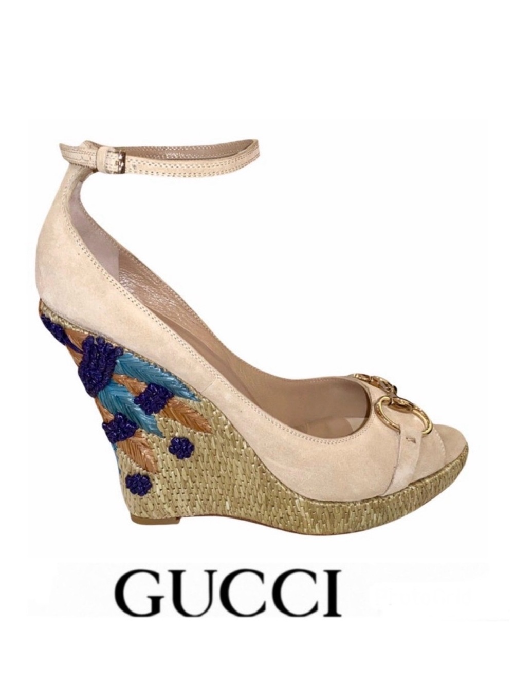 GUCCI Floral Embroidery Beige Suede Horsebit Ankle Strap Wedges Espadrilles Sz 8